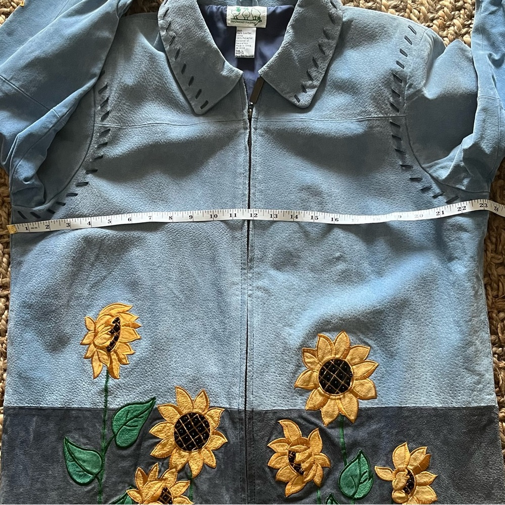Suede Leather Barn Jacket L Blue Sunflowers Whipstitch Fall Boho Chore Quacker - Picture 12 of 16